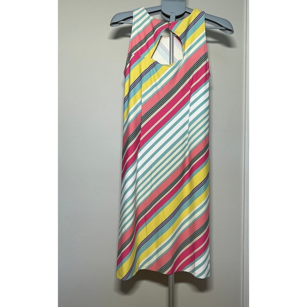 Talbots Plus Women Medium Pink Yellow Blue Striped Keyhole Back Shift Dress